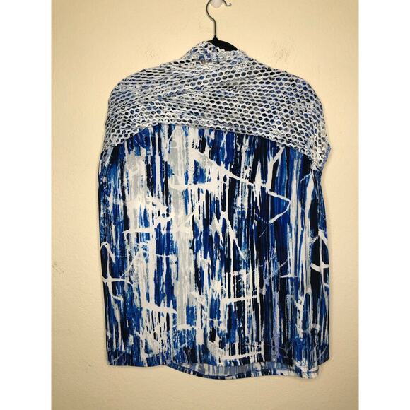 Ali Miles Blue White Abstract Mesh Overlay Tunic Top XL Beach Resort Wear Travel - Picture 4 of 16